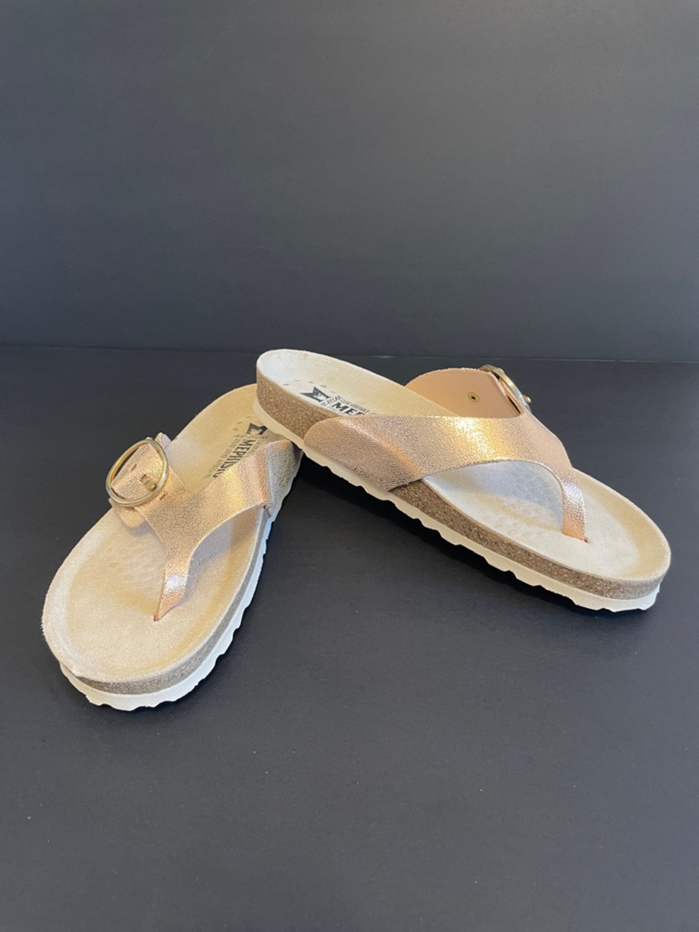 Mephisto “Helen” Metallic Rose Gold Thong Sandals with Adjustable Buckle Accent